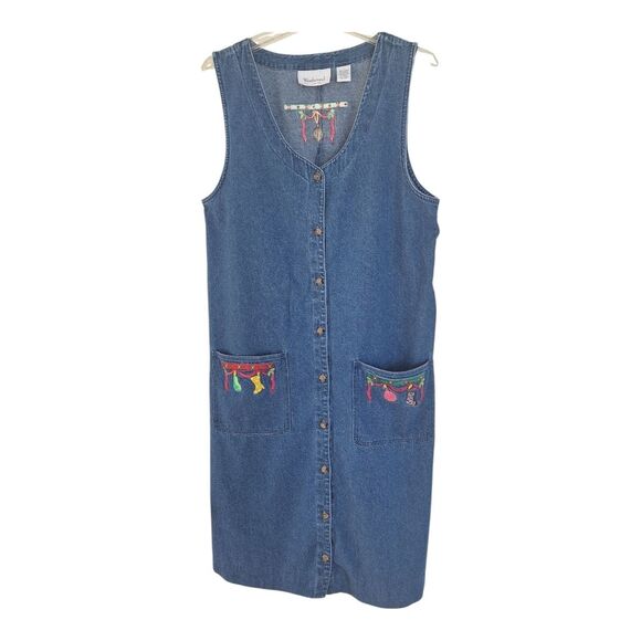 Denim Maxi Jumper Dress Christmas Holiday Embroidered Pockets L Westbound READ - Picture 2 of 13